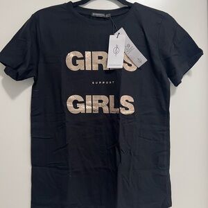 Stradivarius Black Tee with Gold 'Girls Support Girls' Design